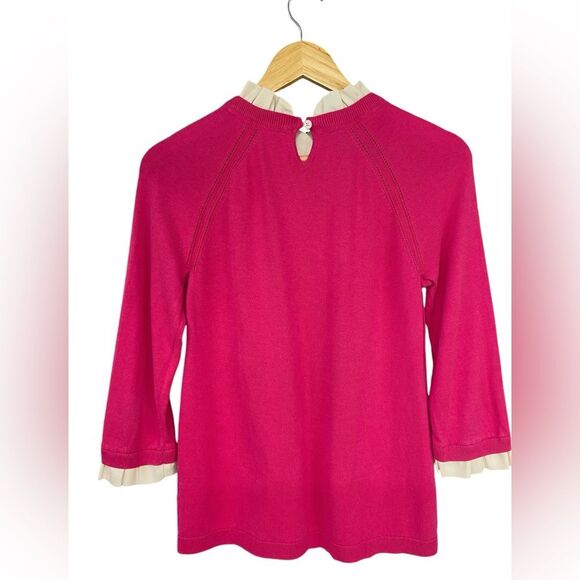 Talbots Lightweight Pink Sweater with White Cuff and Neck Ruffles Size Small - Picture 2 of 7